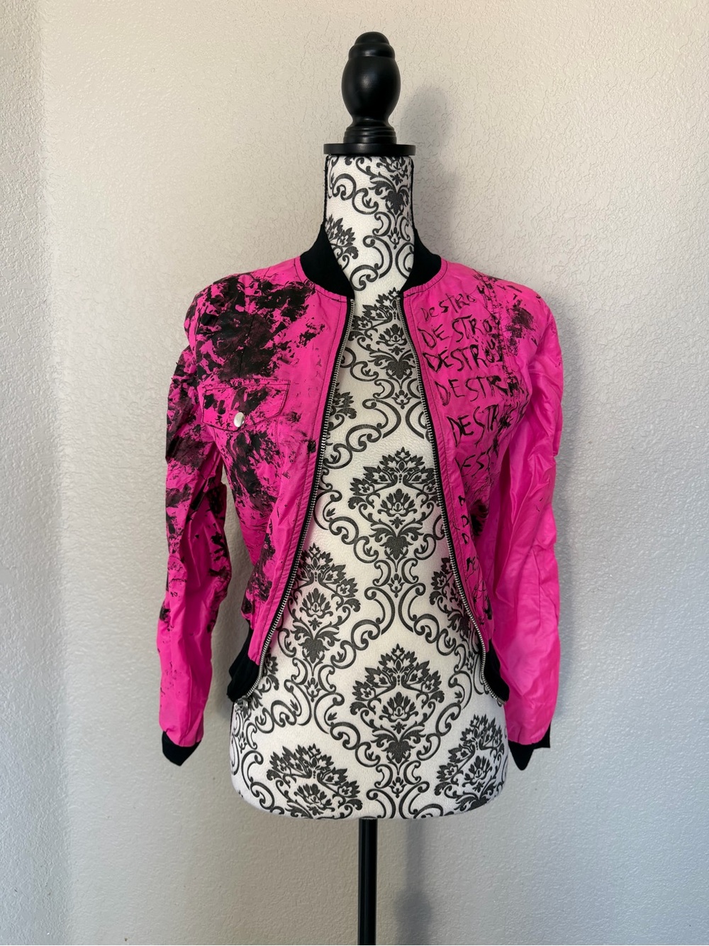 Distressed ooak Lip Service Hot Pink Bomber Jacket